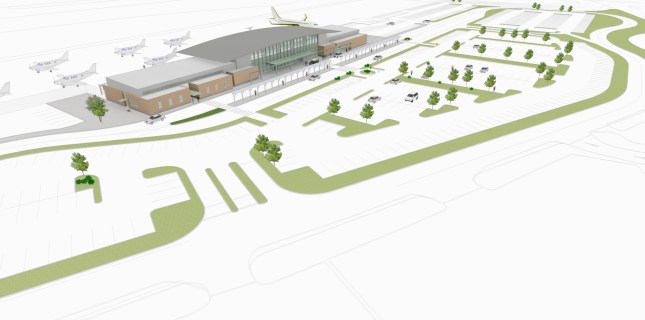 Birdseye view rendering - illustrating new passenger terminal and parking facilities